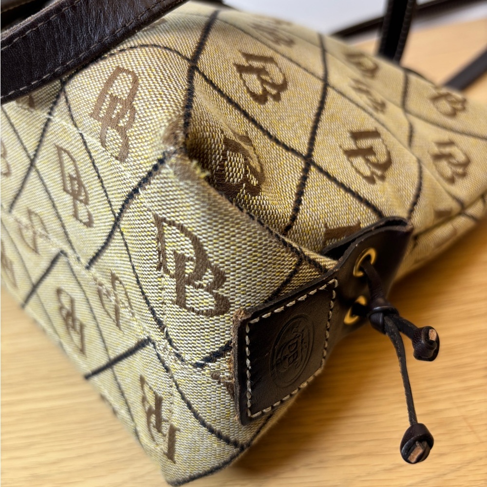 Dooney & Bourke Monogram Canvas Shoulder Bag Brown Leather Trim Tassel Beige - Picture 14 of 16